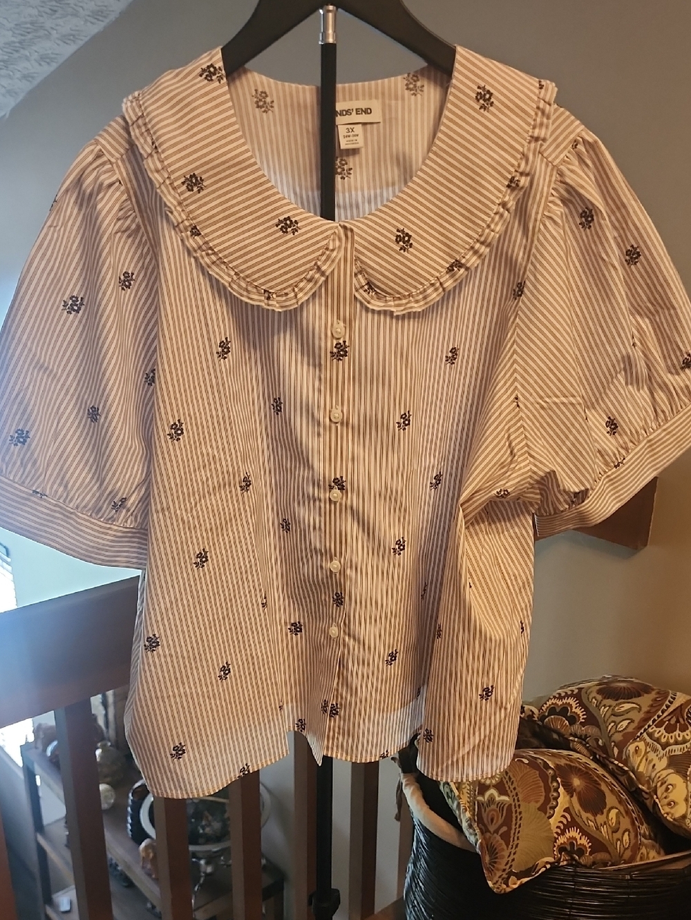 Lands' End Cream and Pink Striped Blouse with Floral Motif